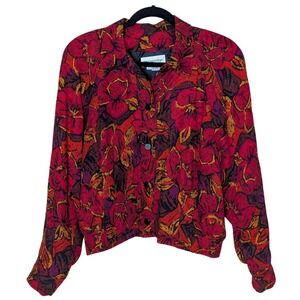 Vintage 90s Breckenridge Floral Blouse Women's Sz 12‎ Red Orange Rayon Button Up